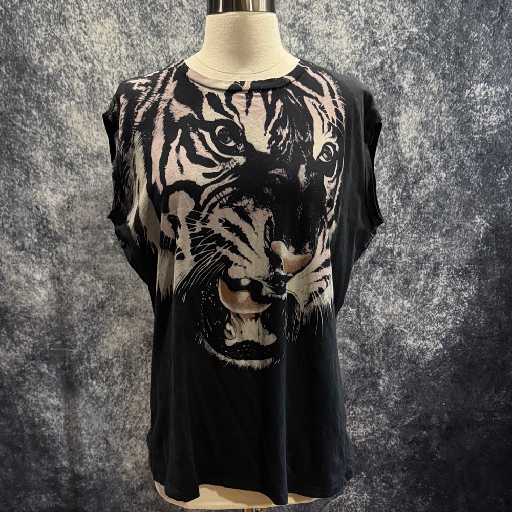 All Saints tiger leopard print cotton & silk black muscle tank